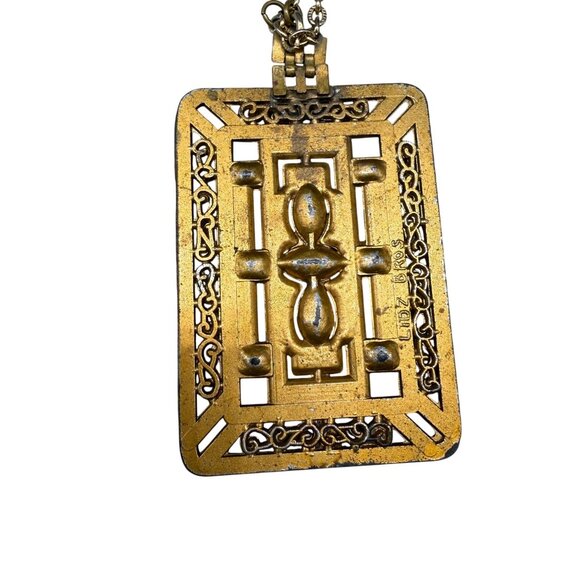 VTG Lidz Bros Blue Crystal Clear Rhinestone Filigree Square Pendant Chain Long N - Picture 6 of 6